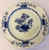 Large late 18th century hand painted blue & white charger (some restoration) diameter 42cm