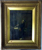 Early 19th century oil on canvas of a domestic scene of a gentleman at a table with books &