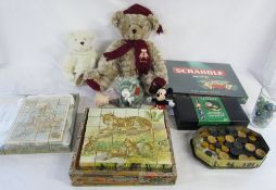 Various soft toys inc Harrods teddy bear,