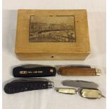 Small Edwardian wooden box & a small collection of penknives