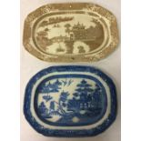 Victorian brown & white meat dish & a blues & white willow pattern meat dish