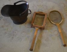 Coal scuttle/bucket and 2 vintage tennis rackets