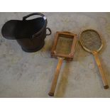 Coal scuttle/bucket and 2 vintage tennis rackets