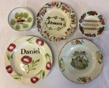 4 19th century children's plates (one with crack) & a small hand decorated dish