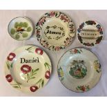 4 19th century children's plates (one with crack) & a small hand decorated dish