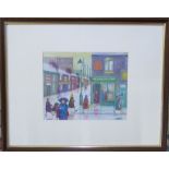 Pencil drawing of a chip shop on a rainy day by Lowry follower K J Myers signed lower right 52 x 42