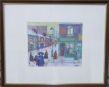 Pencil drawing of a chip shop on a rainy day by Lowry follower K J Myers signed lower right 52 x 42