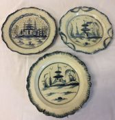 2 18th century delft ware plates (one repaired) & a pearl ware plate all with chinoiserie