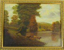 Oil on canvas of cattle by a lake signed W Williams 49 cm x 38 cm