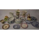Various ceramics including tureens, moustache cup, Willow pattern plates,