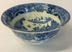 Early 19th century blue & white transfer print pearlware wash bowl with chinoiserie decoration.