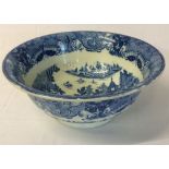 Early 19th century blue & white transfer print pearlware wash bowl with chinoiserie decoration.