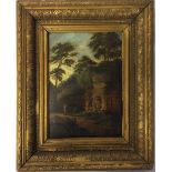 Late 18th/early 19th century oil on wooden panel of a landscape with woman carrying a basket & a