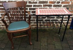 Metal tile top table & an early 20th century office chair