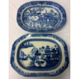 2 Victorian blue & white transfer printed meat dishes with chinoiserie scenes