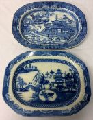 2 Victorian blue & white transfer printed meat dishes with chinoiserie scenes