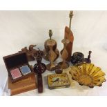 Wooden turned lamp, candlesticks, vintage Redbreast flake tin,