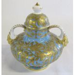 Royal Crown Derby 2 handled lidded squat vase gilt decoration on blue ground date mark for 1880 H