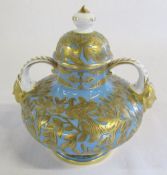 Royal Crown Derby 2 handled lidded squat vase gilt decoration on blue ground date mark for 1880 H