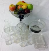 Glass centre piece with plastic fruit, bowl with silver plate rim, sugar shaker, carafe,