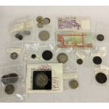 Coin & bank note collection including Queen Anne shilling 1711, George III half penny 1806,