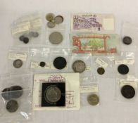 Coin & bank note collection including Queen Anne shilling 1711, George III half penny 1806,