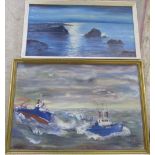 2 oil on boards - Tug Boats by Andreas Jensen 97 cm x 67 cm and a seascape signed Fegan