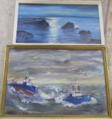 2 oil on boards - Tug Boats by Andreas Jensen 97 cm x 67 cm and a seascape signed Fegan