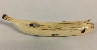 Japanese carved ivory shibayama banana inset with insects & signed at one end L15.