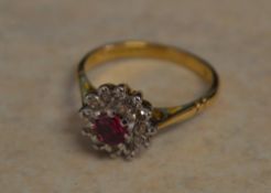 18ct gold ruby and diamond cluster ring, total weight approx 3.