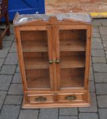 Pine glass fronted wall cabinet with drawers