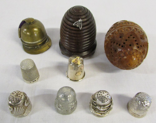 Wooden beehive thimble holder with silver bee decoration and matching silver thimble,