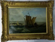 19th century oil on canvas of a seascape with boat & shipwreck mast in foreground & a town in