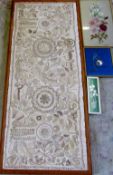 Bangladeshi hand made tapestry 57 cm x 133 cm & various needlework inc flowers on silk