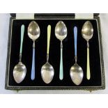 Cased set of silver and enamelled teaspoons Birmingham 1952 maker H Clifford Davies weight 2.