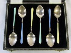 Cased set of silver and enamelled teaspoons Birmingham 1952 maker H Clifford Davies weight 2.