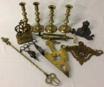 Various brass ware including 2 pairs of candlesticks, wall hanging box inscribed 'NN 1764',