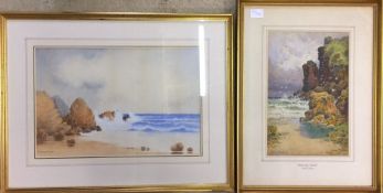 Watercolour of a seascape with beach & cliffs in the foreground entitled Guernsey Coast by Arthur