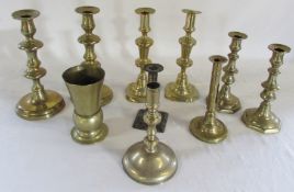 3 pairs of brass candlesticks and other brassware