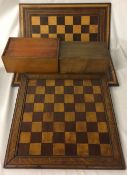 2 wooden chess boards & 2 boxed sets of wooden chess pieces