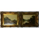 Pair of framed oils on canvas of a continental landscape with a woman feeding geese in the