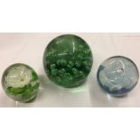 Victorian green glass dump & 2 glass paperweights
