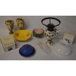 Various ceramics including a pair of vases, oil lamp, Louth mug,