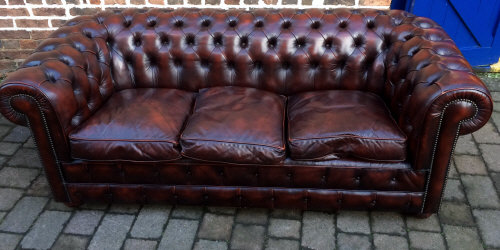 Oxblood colour leather 3 seater Chesterfield sofa (front sprung)