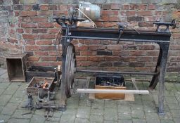 Vintage treadle lathe with motor adaption including headstock/tailstock for wood,