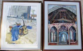 2 oil/gouache paintings - Still life with guitar by Patrick Holley 74 cm x 92 cm & Church Interior