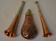 Copper powder flask and two small hunting horns