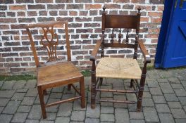 Rush seated spindle back arm chair & Georgian Chippendale style chair