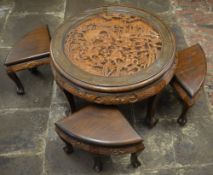 Oriental style glass top coffee table with 4 smaller tables underneath