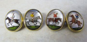 14ct gold reverse crystal intaglio cufflinks depicting polo scenes